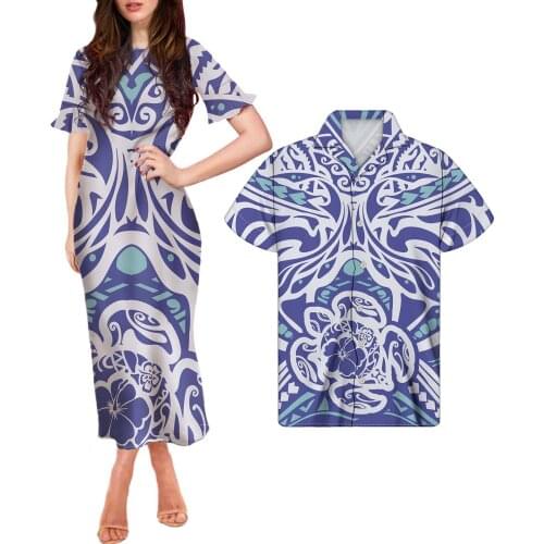 HYCOOL Royal Blue Couple 2pcs Set Summer Casual Wear Ruffled Women Long Bodycon Dress Match Plus Size Button Down Hawaiian Shirt