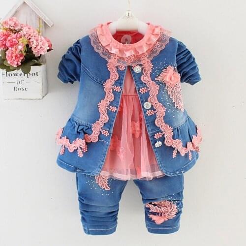 6m-3Years Spring Autumn Baby Girl Denim Clothing Sets 3pcs Long Sleeve T Shirt Tops Denim Jacket and Jeans Trousers