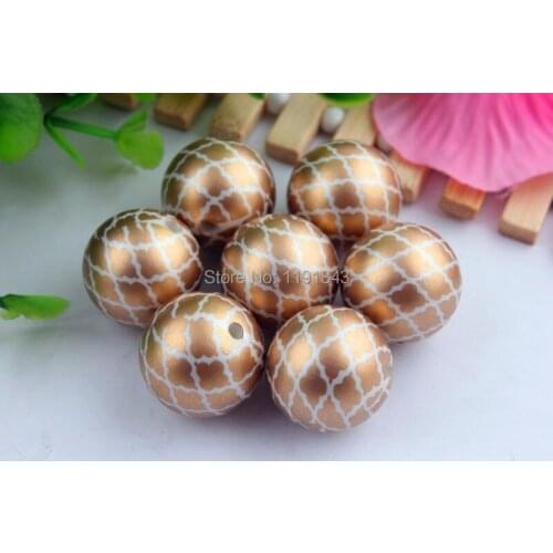 Colorful 20mm Round 100pcs/lot Acrylic Matte Imitation pearl Full Print gold quarterfoil Beads For Kids Necklaces Making