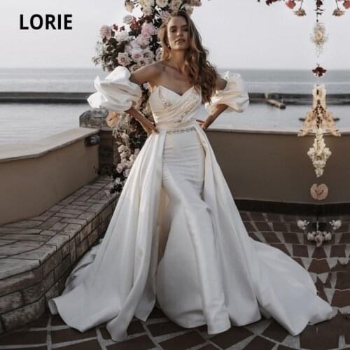LORIE Satin Wedding Dresses with Detachable Train Sweetheart Short Separately Sleeves Mermaid Wedding Gown Bridal Dress 2021