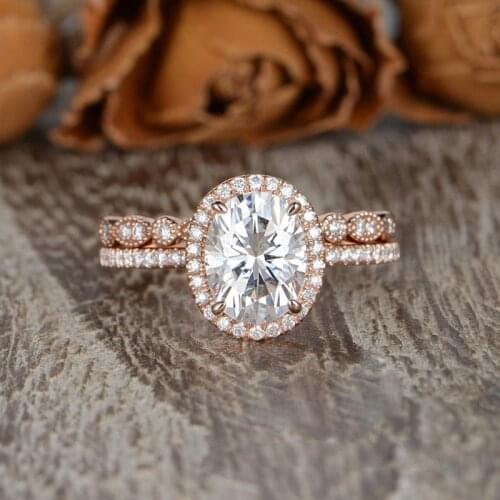 CxsJeremy 14K 585 Rose Gold Ring Set Oval Cut 2ct 7*9mm DEF Color Moissanite Engagement Ring & Wedding Band For Women Gift