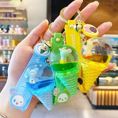 New Creative Crystal Ice Cream Cute Keychain Luxury Floating Cute Moving Liquid Quicksand Key Ring For Women Bag Pendant