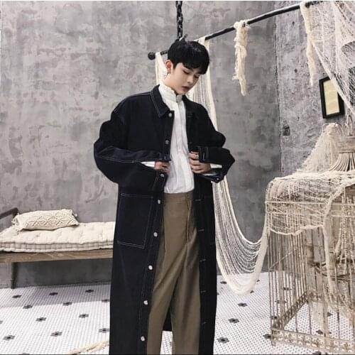 M-xxl Autumn And Winter New Coat Mens Long Section Loose Over The Knee Denim Windbreaker Men And Women Models Couple Jacket