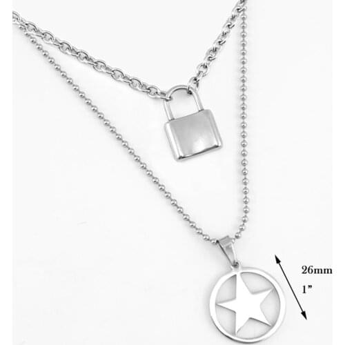 Never Fade Punk Lock Necklace Stainless Steel Double Layer Padlock Necklace Chain With Pendant Blade Shaver Star Guitar Map