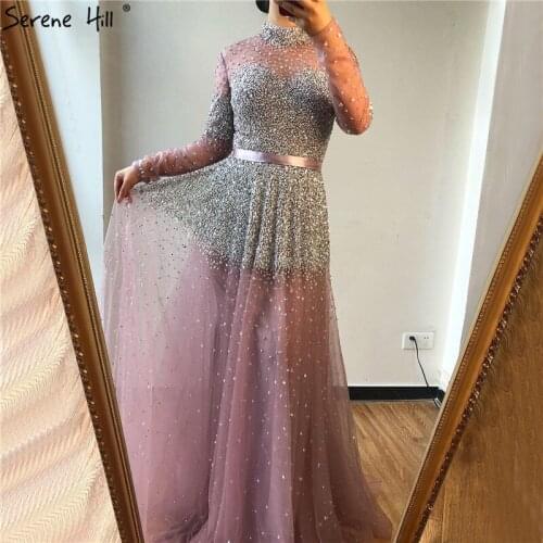 Latest Design Pink High Collar Prom Dresses 2020 Long Sleeves Sequined Sexy Prom Gowns Serene Hill DLA70066