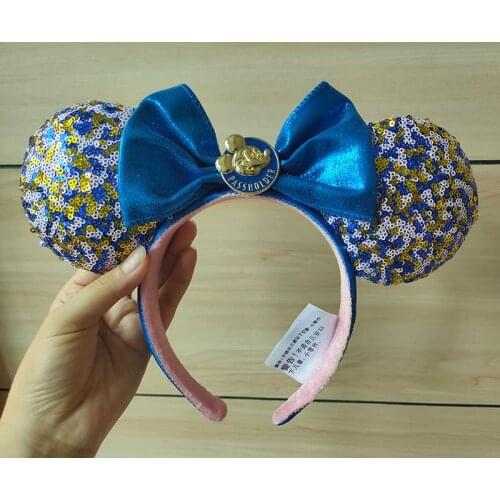 Disney World Parks Annual Passholder Blue Sequined Minnie Bow Ears Headband