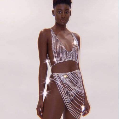 Luxury long tassel rhinestone body chain suit sexy bikini body jewelry banquet party evening dress accessories dancing skirt