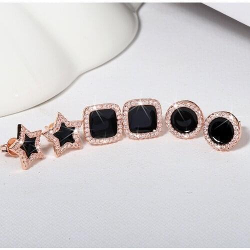 Simple Black Enamel Geometric Stud Earrings For Women Round Star Heart Fashion Accessories Street Jewelry Korean Earring