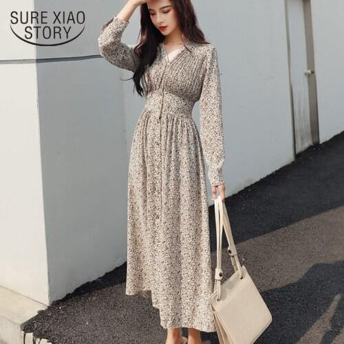 Elegant A-Line Floral Print Chiffon Empire V-Neck Fashion Korean Women Dress 2021 Long Sleeve Button Vintage Dresses 8560 50