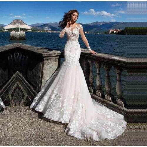 Mermaid Wedding Dresses with Long Sleeves Beach Bridal Gown Princess Lace with Sweep Train Robe Mariage Vestido Noiva