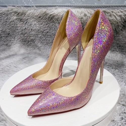 Sexy bling 12cm 10cm 8cm high heels shoes pointed toe wedding party dating big small size women stilettos pumps LF027 ROVICIYA