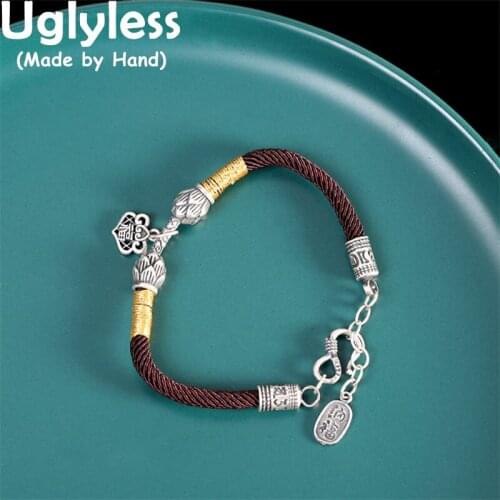 Uglyless 100% Real 999 Full Silver Lotus Bracelets for Women Ethnic Rope Bracelets Thai Silver 6 Words Mantra Buddhism Jewelry