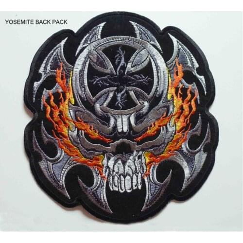 Big size Fire Skull Back Patches Embroidered Motorcycle MC Biker Patches Iron-on/sew-on motor racing rider for vest Jackets
