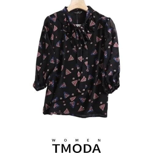 TMODA1263 2021 Summer Fashion Women Chiffon Blouses Casual Black Flower Print V-neck Shirts Lady Chic Sleeve Bow Women Tops