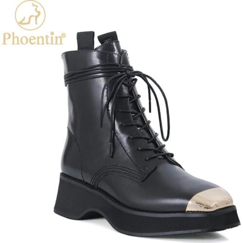 Phoentin real leather boots for women shoes luxury female metal toe womens heels fall zip platform martin boots street FT1127