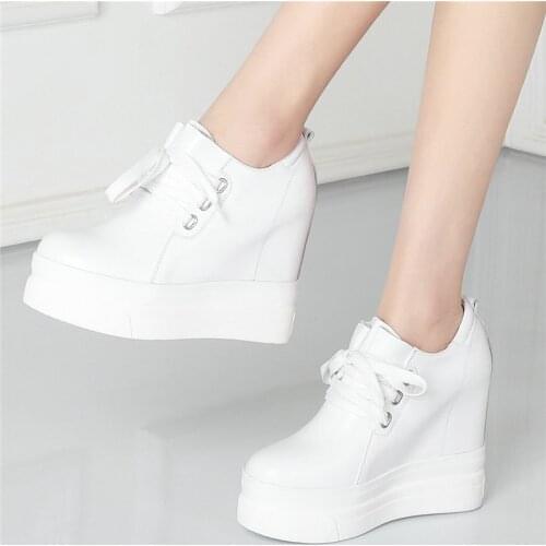 2020 Trainers Women Lace Up Genuine Leather Wedges High Heel Platform Pumps Shoes Female Round Toe Fashion Sneakers Casual Shoes