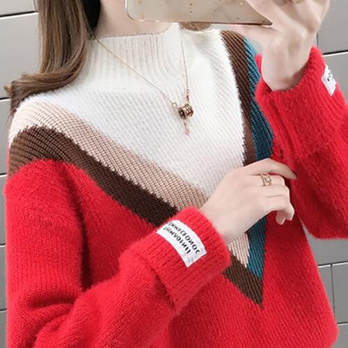 Imitation Mink Velvet Pullover Sweater Women 2020 New Autumn Winter Loose Half Turtleneck Sweater Thick Patchwork Knitwear H173