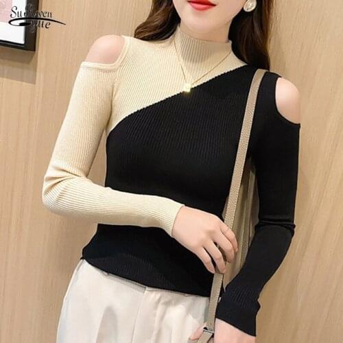 2021 Spring Jumper Turtleneck Sweater Winter Knit Sweater Women Pullover Off Shoulder Color Patchwork Sweaters for Women 11997