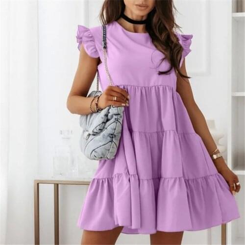 2021 New Summer Loose Butterfly Sleeve Dress Women New Casual A Line Ruffles Dress Female Solid Color Office Vestidos Sundress