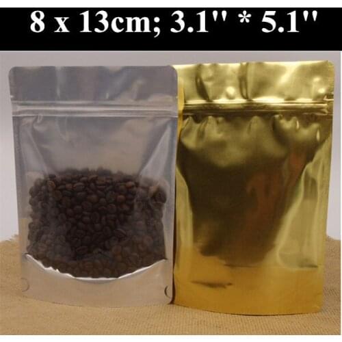 100pcs/lot 8cm*13cm (3.1''*5.1'') 270mic Gold One Side Clear Bag,Stand Up Zipper Plastic Bag,Zip Foil Food Pouch