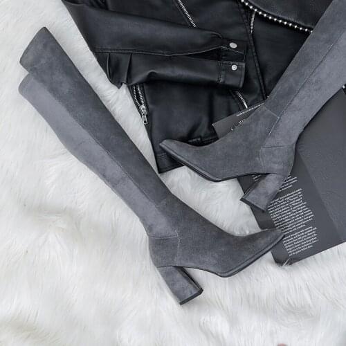 Sexy over the knee high boots woman suede leather thick high heels women boots autumn winter black gray party shoes woman