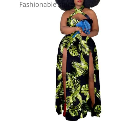 Women Sexy Open Back Halter Criss-cross Print Side Slit Maxi Dress Plus Size