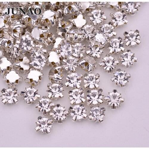 JUNAO SS12 3mm Sewn Sliver Claw Rhinestones Clear Glass Crystal Stones Sewing Strass Diamond for Needlework Crafts