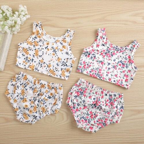 0-18M Summer Infant Newborn Baby Girls 2pcs Outfits Suits Cute Floral Printed Sleeveless Tanks Tops + Shorts Sets
