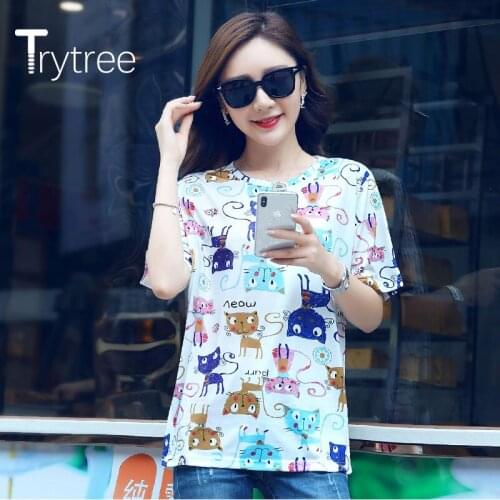 Trytree 2020 Summer Woman Casual T-shirt O-neck Cartoons Cat Lovely Loose All-Purpose Style Fashion personality T-shirt Top
