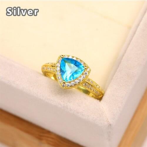 Best selling Europe and the United States S925 silver plated gold wedding ring zircon lady sea blue triangle crystal jewelry
