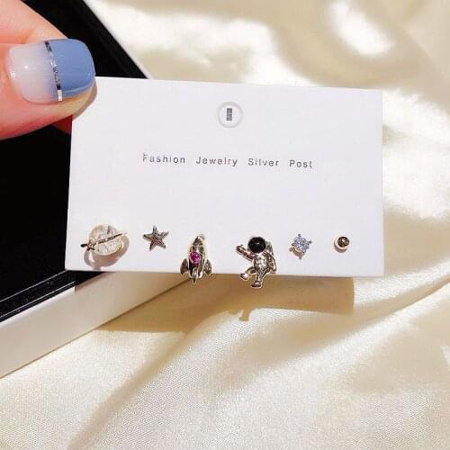 Fancy Cute Space Rocket Star Astronaut Stud Earring Set Shiny Crystal Ball 6-piece Earring Set For Women Gifts S-E1204