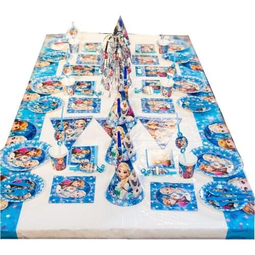 New Princess Elsa Anna Olaf Girls Birthday Frozen Party 6pcs Disposable Paper Cup Plate Napkin Flag Straw Tableware Supplies