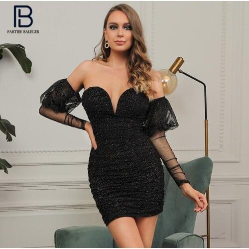 PB Chic Sequins Crystal Design Sexy Off Shoulder Long Sleeves Celebrity Party Club Vestido Free Shipping