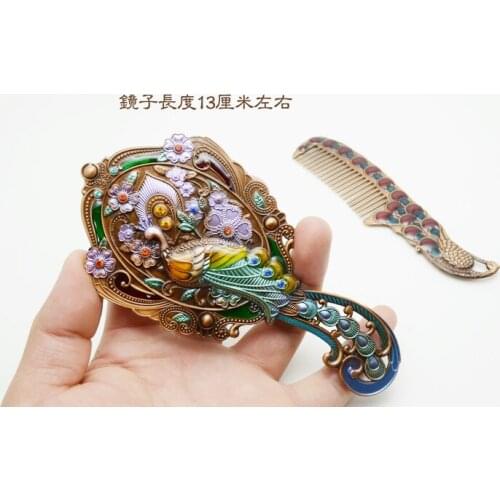 Cloisonne national wind hollow out convenient cosmetic mirror Copper restore ancient ways small jewelry mirror comb set carry