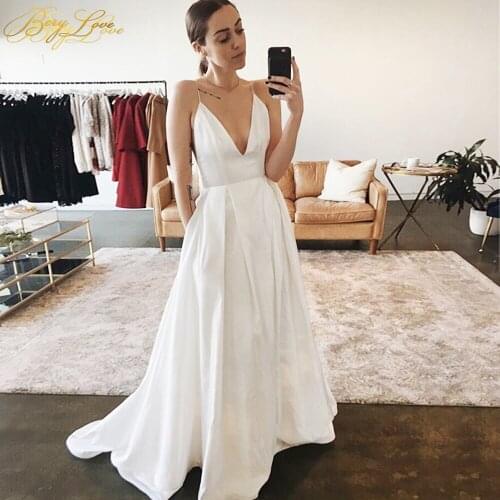 White Summer Style Bride Dress Long Beach Wedding Dress V neck Wedding Gown Simple Bridal Open Back Plus Size Boho Dress Sexy
