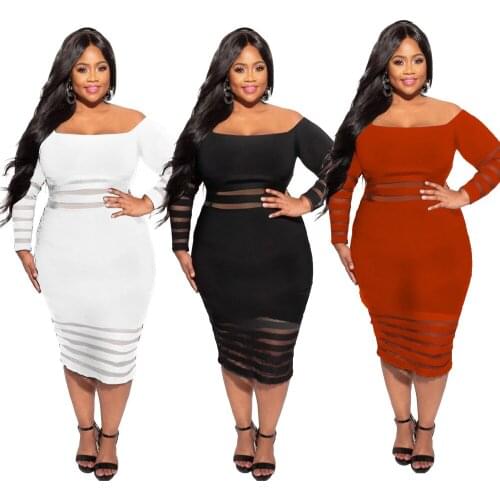 Plus Size Dresses Elegant 3xl 4xl Sexy Off The Shoulder Long Sleeve Mesh Patchwork Tight Party Midi Dress Wholesale Dropshipping