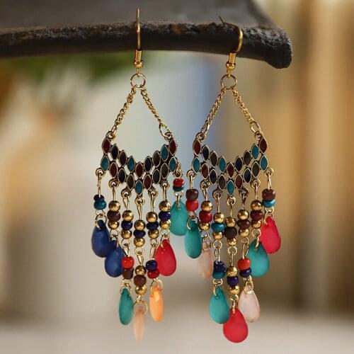 National Style Earrings Fan shaped contrast Water Drop Earrings Elegant Bohemian Crescent Water Drop Tassels Shape Earrings