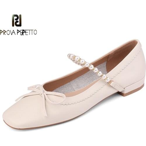 White Mary Jane Shoes Cowhide Square Toe Shallow Bow Flat Shoes Female Retro Pearl Word with French Gentle Single Shoes