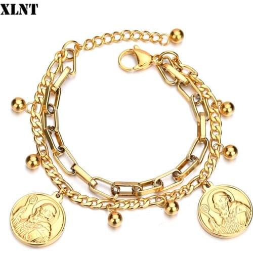 XLNT Saint Benedict Medal Charm Bracelet & Bangle Women Gold Color 316L Stainless Steel Bracelet Jewelry San Benito