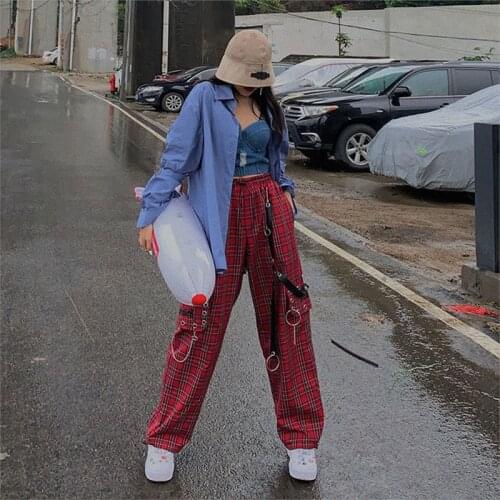 Y2K Punk Chain Cargo Woman Pants Harajuku Plaid Pants for Women Checkered Pants Streetwear 2000s Aesthetic Hip Hop E-girl NEW