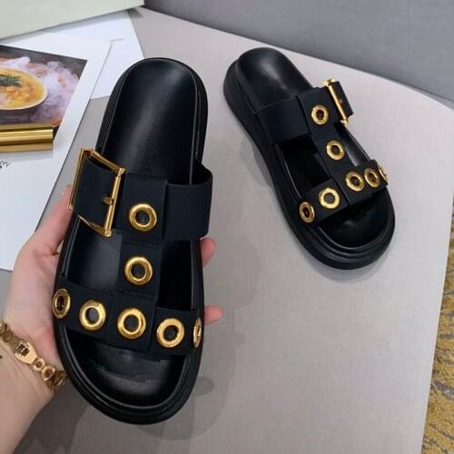 2021 Hot Sale Womens Sandals Top Genuine Leather Womens Shoes Designer Luxury Hook&Loop Metal Accessories Sandals Shoes