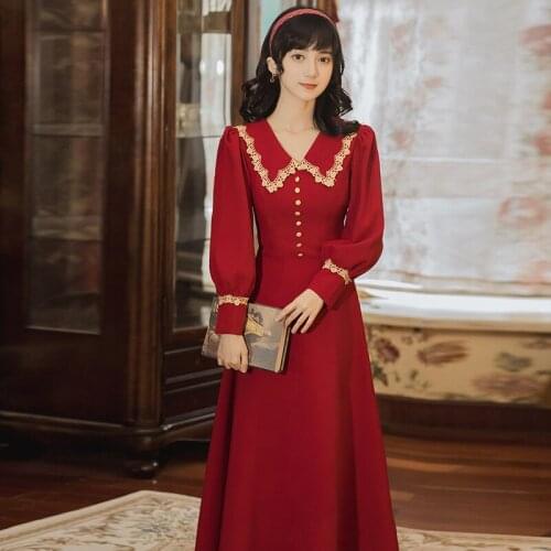 Spring Long Sleeve Red Retro Dresses Women 2021 French Romantic Girl Lace Temperament Lapel Chic Elegant Maxi Dress