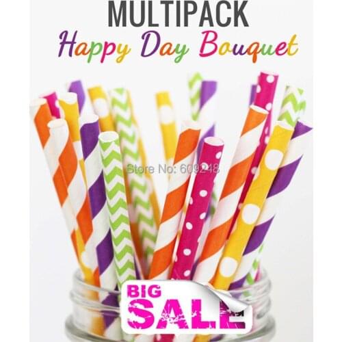 100pcs Mixed Colors HAPPY DAY BOUQUET Themed Paper Straws, Lime Green Chevron, Deep Pink Swiss Dot, Orange and Purple Striped