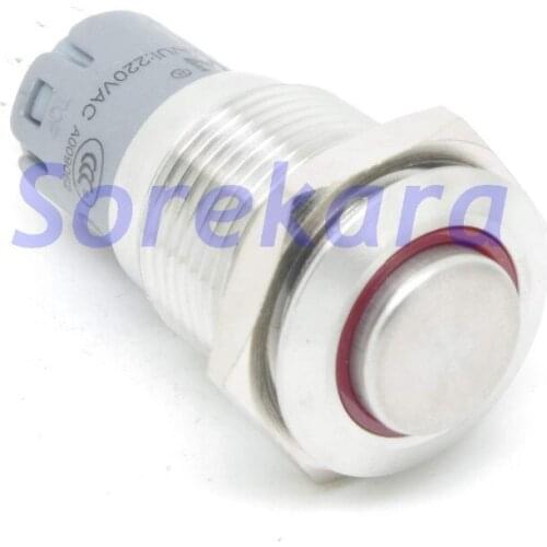 16mm Stainless Steel Ring LED Color RED Momentary 1NO 1NC Pushbutton Switch IP67 UL 6V/12V/24V/110V/220V