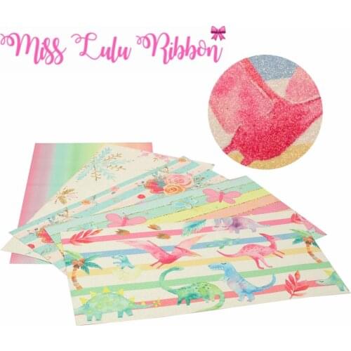 8x13inch (20x34cm) Printed Glitter Vinyl Ribbon Cut Piece 60pcs/pack Colorful Stripes Cartoon Dinosaur Butterfly DIY Bowknots