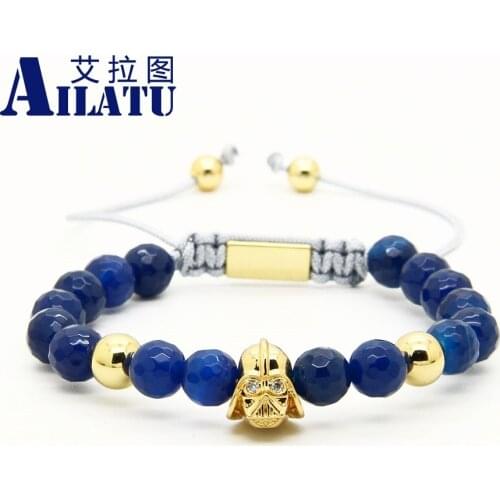 Ailatu Powerful New Design Wholesale 10pcs/lot 8mm Faceted Blue Stone with Hero Of Sparta Cz Macrame Bracelets