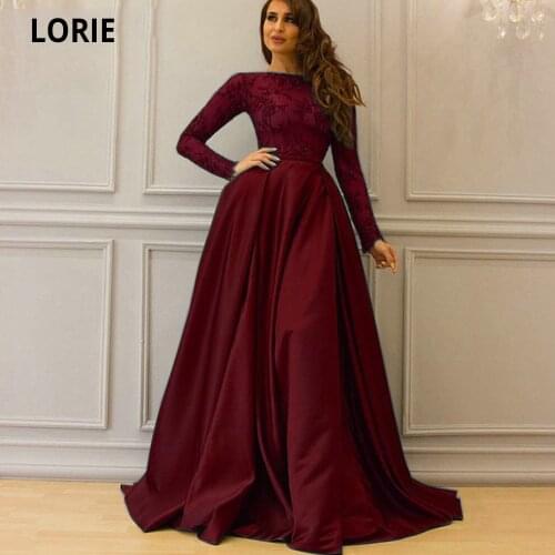 LORIE Burgundy Muslim Satin Evening Dress with Long Sleeves Appliques Prom Dress Dubai ormal Dress Saudi Arabic Plus Size Gowns