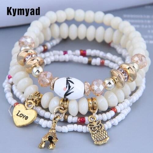 Kymyad Ethnic Bracelet Sets For Women Bijoux Beaded Wrist Bracelets Multilayer Beads Owl Shell Heart Charming Bracelets