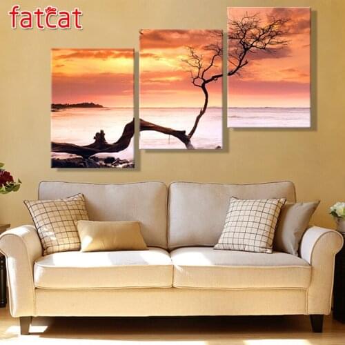 FATCAT triptych diy 5d diamond painting red tree 3 pieces full square diamond mosaic embroidery sunset landscape decor AE472