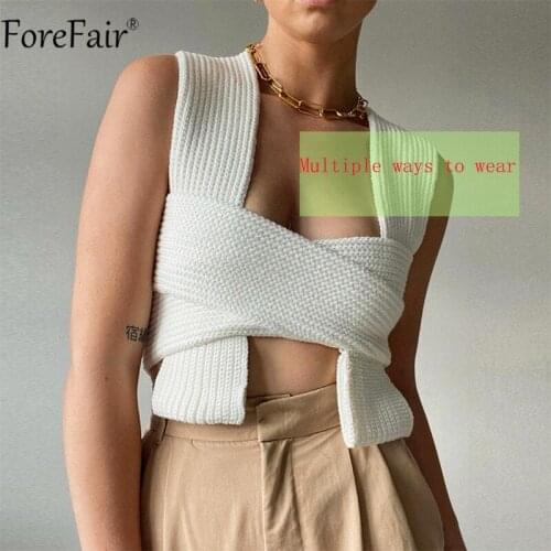 Forefair 2021 White Sleeveless Casual Sweater Vest Bandage Women Sexy Fashion Knitted Pullover Top Loose Autumn Winter Jumper